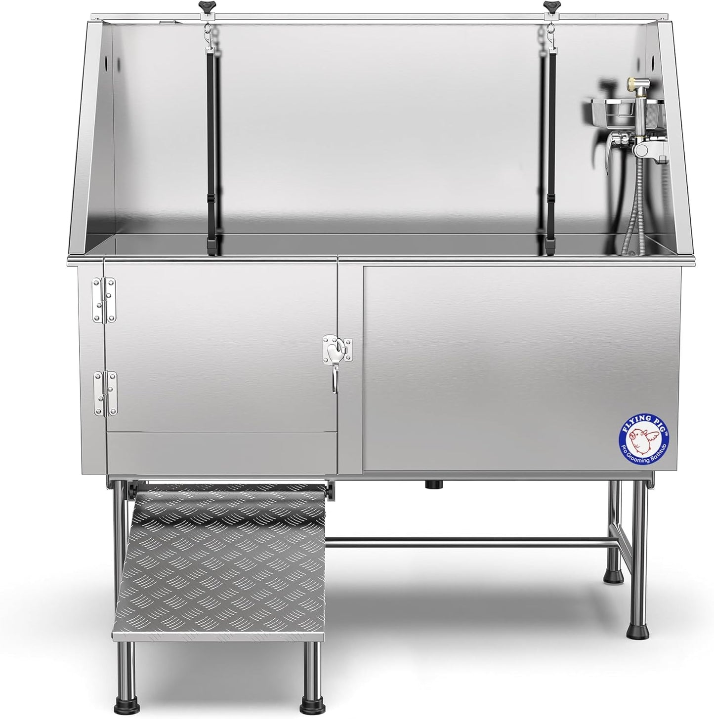 Flying Pig 62" Stainless Steel Pet Dog Grooming Bath Tub with Walk-In Ramp & Accessories (Left Door/Right Drain)